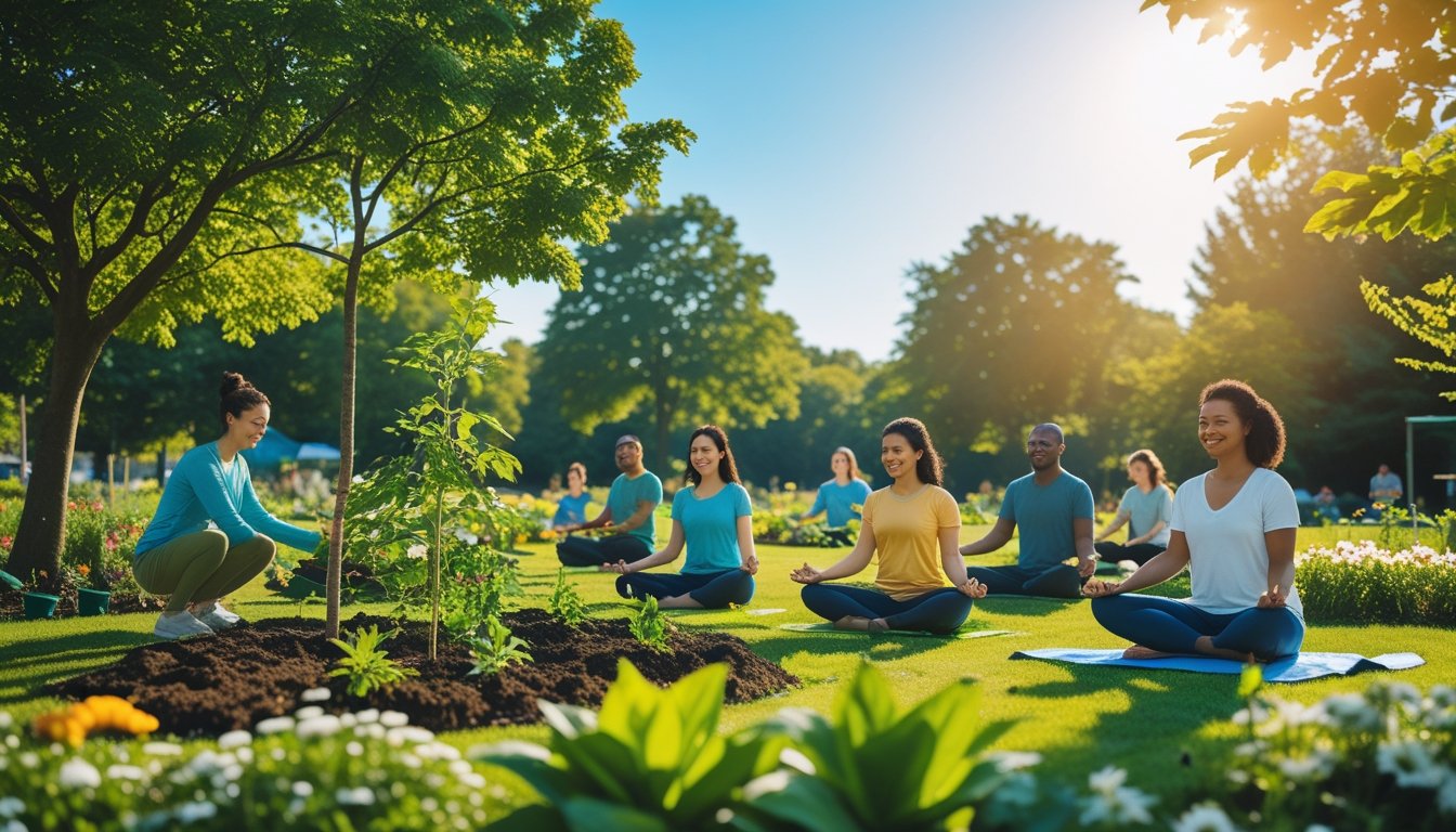People planting trees and meditating in a green park on a sunny day, surrounded by plants and flowers.