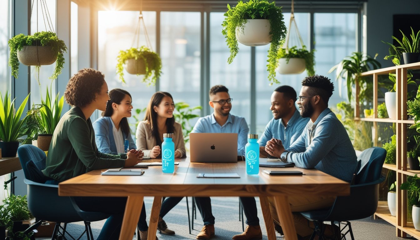 A group of people sitting around a table in a bright room with many green plants, discussing and working together in a calm, natural setting.
