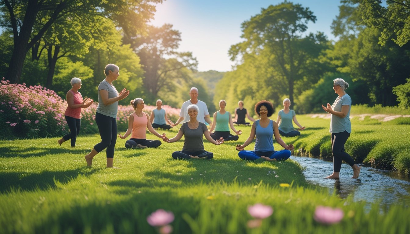 A group of people practicing mindfulness and yoga outdoors in a green forest setting near a stream, surrounded by trees and flowers.