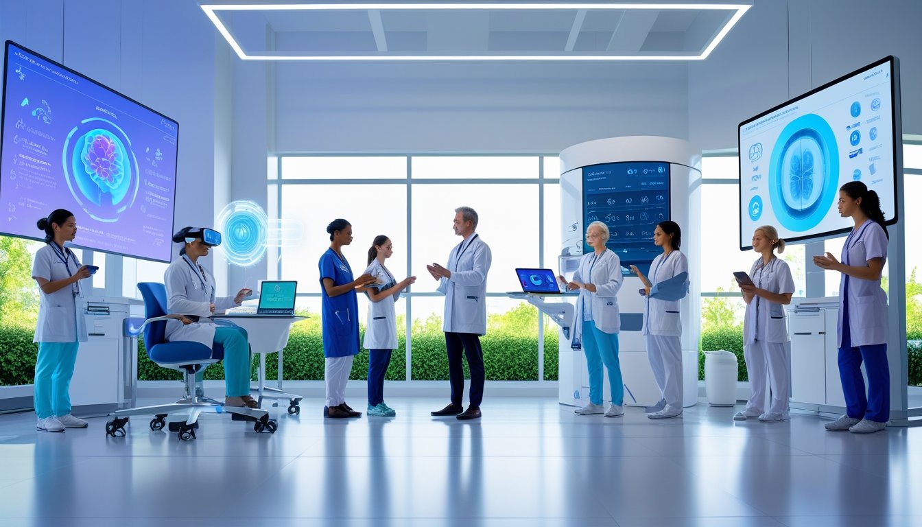 Healthcare professionals and patients using digital devices and virtual reality in a bright clinical setting focused on mental wellness.