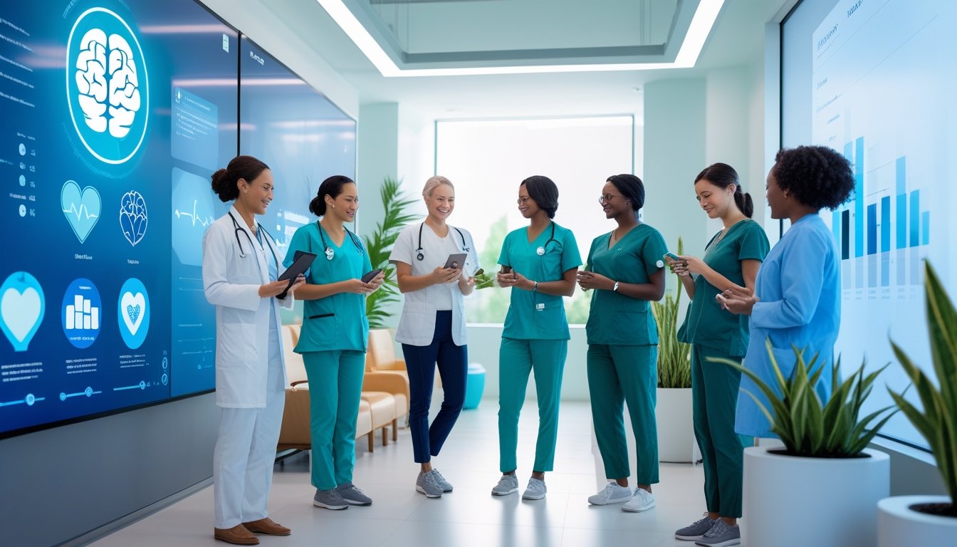 A group of people in a modern healthcare setting using digital devices to support mental wellness.