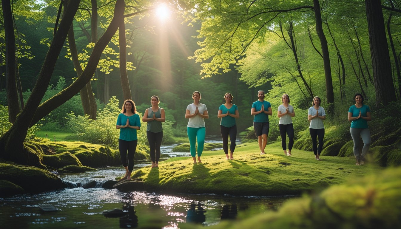 People practising yoga and meditation in a peaceful forest with sunlight streaming through the trees.