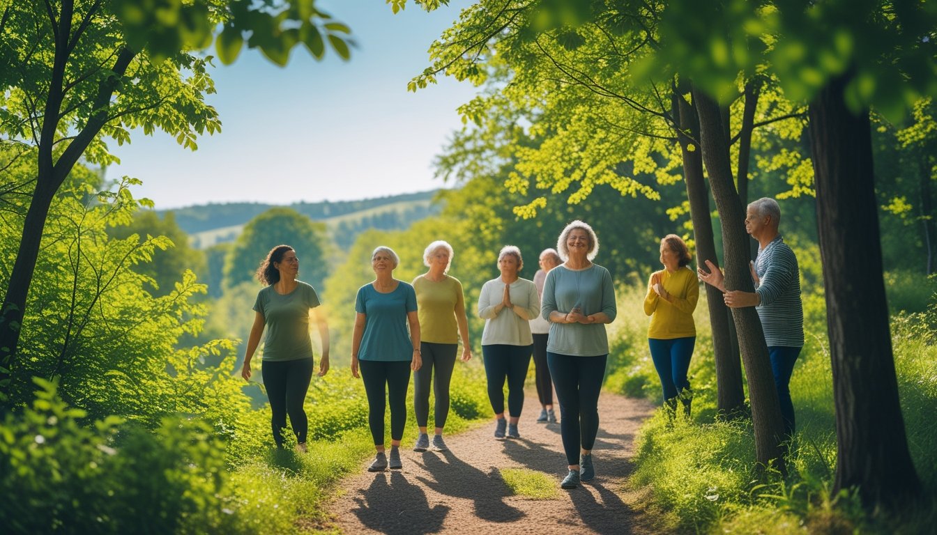 A group of adults walking and pausing in a sunlit forest surrounded by green trees, appearing calm and connected to nature.