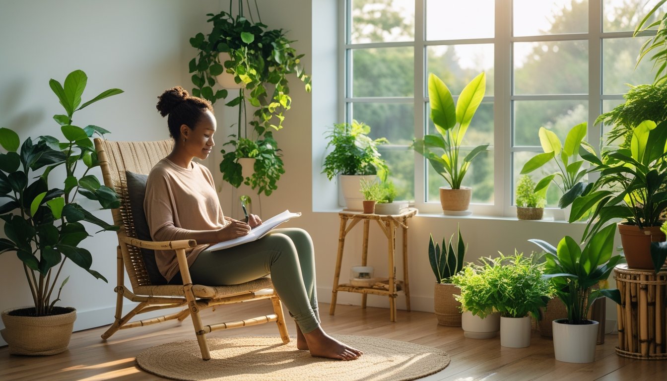 Person sitting by a window surrounded by green plants, engaging in a calming activity in a bright, natural indoor space.