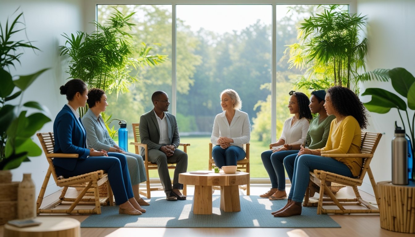 A group of people in a bright room with green plants, having a calm discussion about mental health and eco-friendly practices.