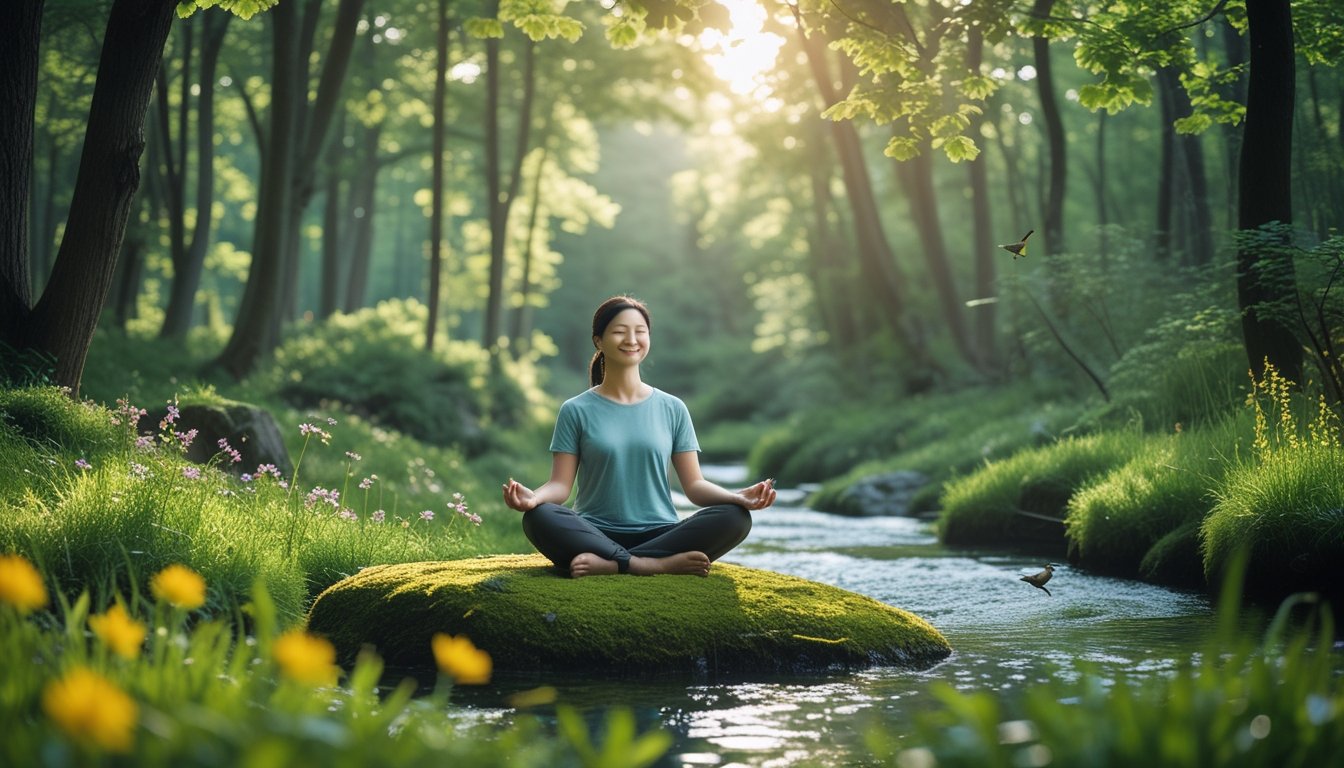 A person meditating peacefully in a sunlit forest surrounded by trees, wildflowers, and a flowing stream.