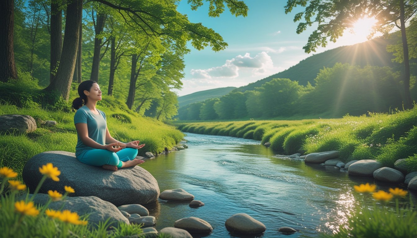 A person meditating by a calm river in a green forest with sunlight filtering through the trees and hills in the background.
