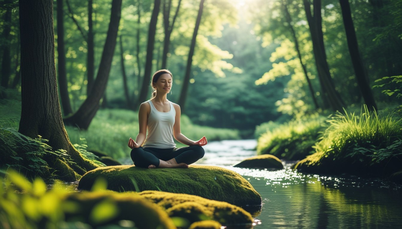 A person meditating peacefully in a sunlit forest beside a gentle stream surrounded by tall green trees.