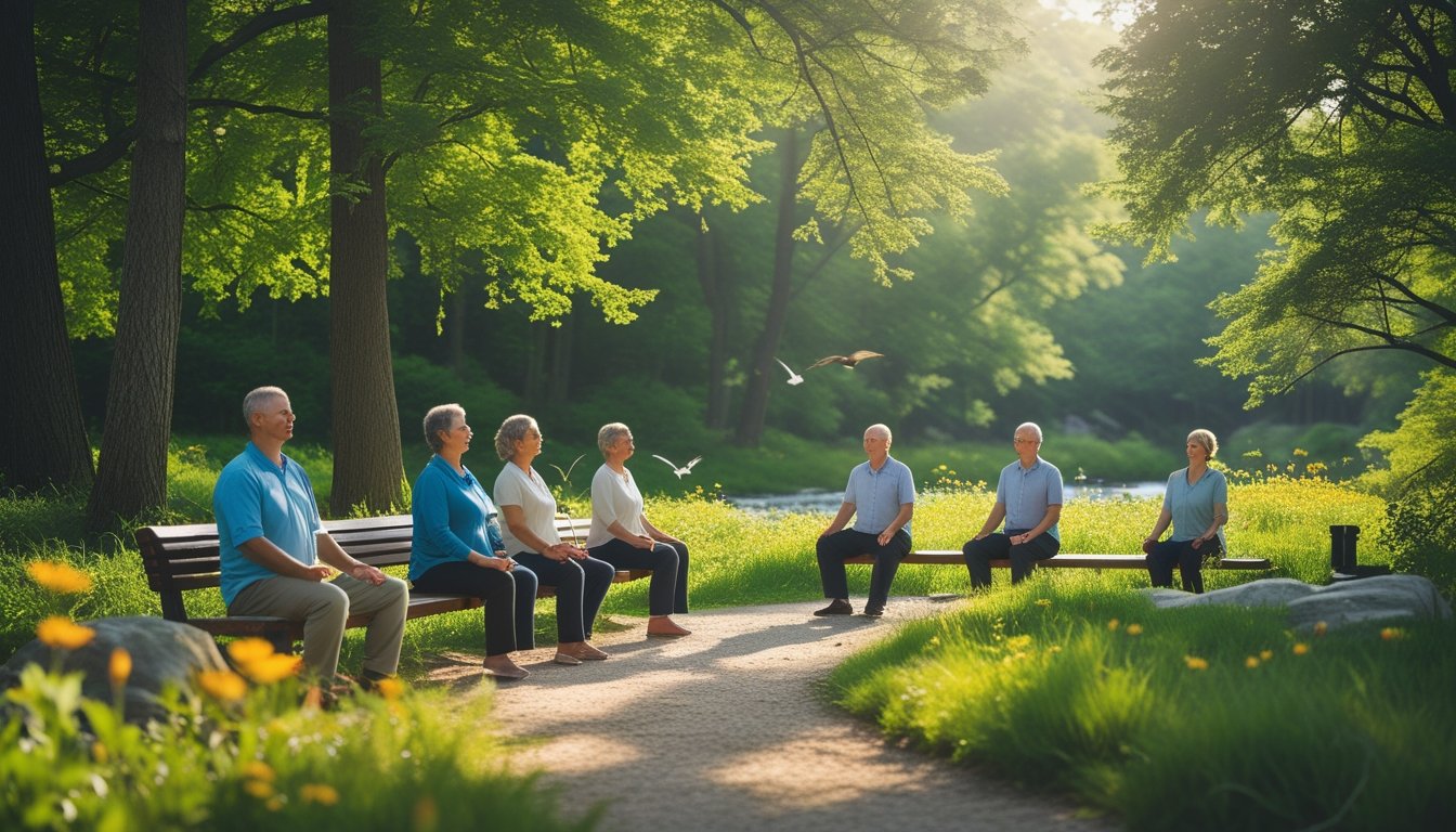 A peaceful forest scene with people walking, meditating, and sitting quietly among trees and flowers near a small stream.