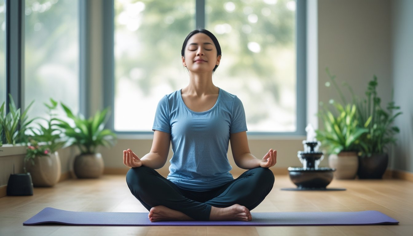 A person sitting cross-legged with eyes closed, practising mindful breathing in a calm, bright room with plants and natural light.