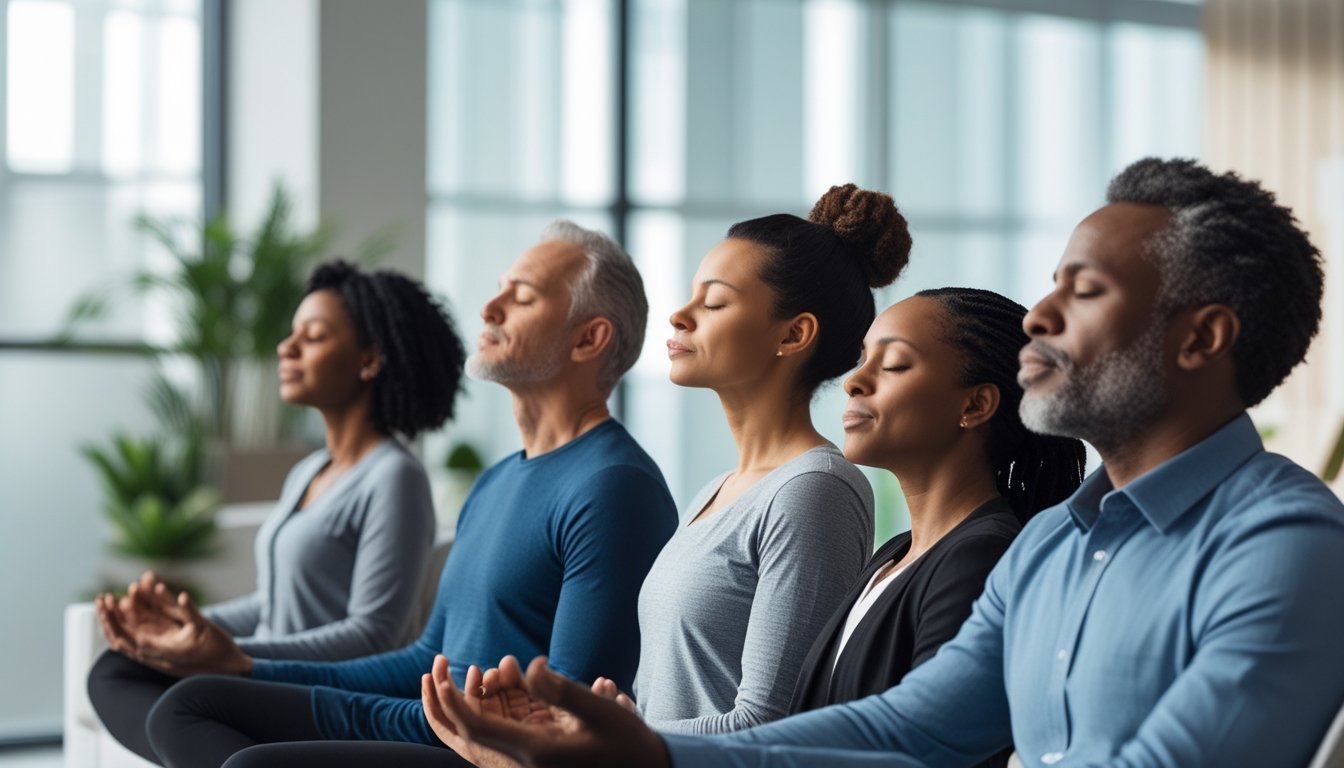 A group of adults sitting quietly with eyes closed, practising mindful breathing in a calm, bright room.