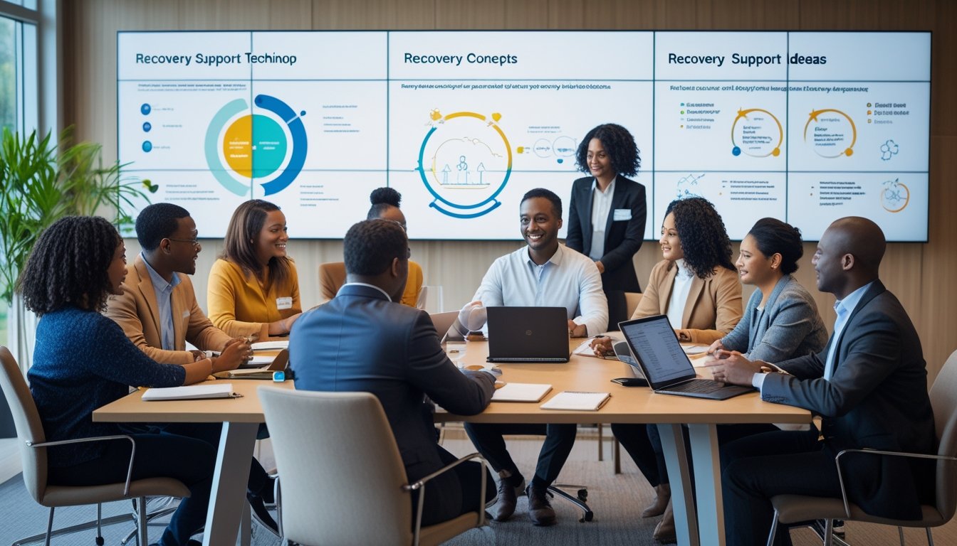 A diverse group of people sitting around a table in a bright room, discussing ideas and working together.