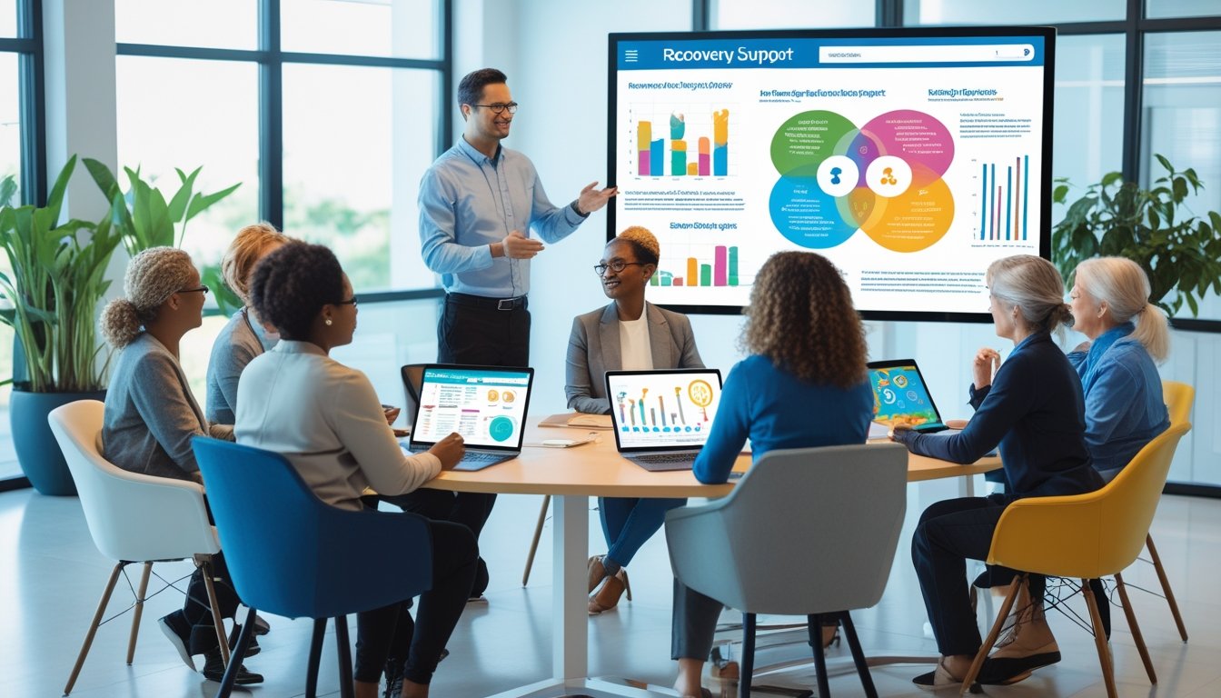 A group of adults in a bright office discussing recovery support techniques using digital devices and a large screen with colourful charts.