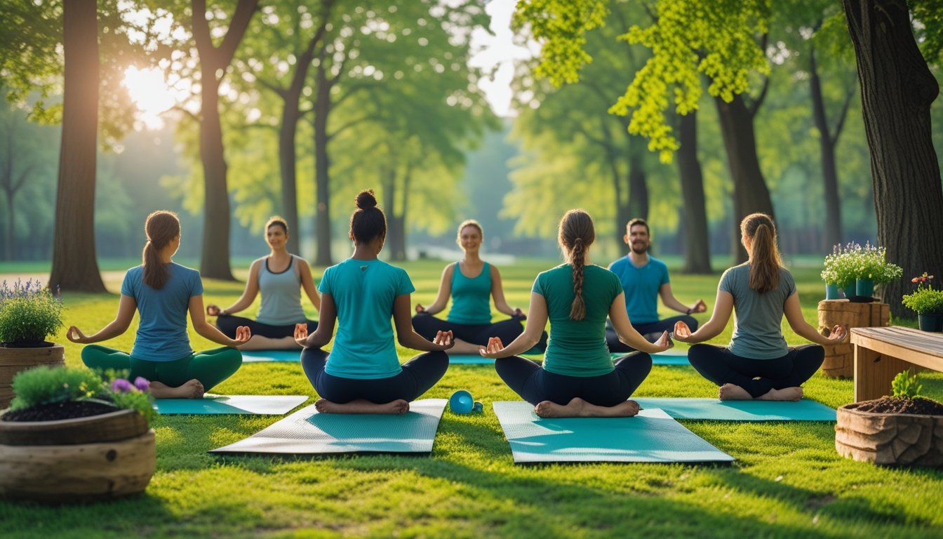 People practising yoga and meditation in a green park surrounded by trees and plants on a sunny day.