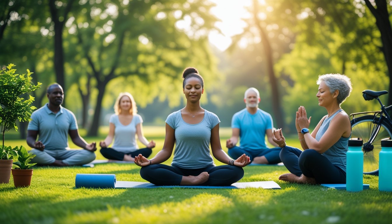 A group of people practising meditation and journaling outdoors in a green park surrounded by trees and plants.