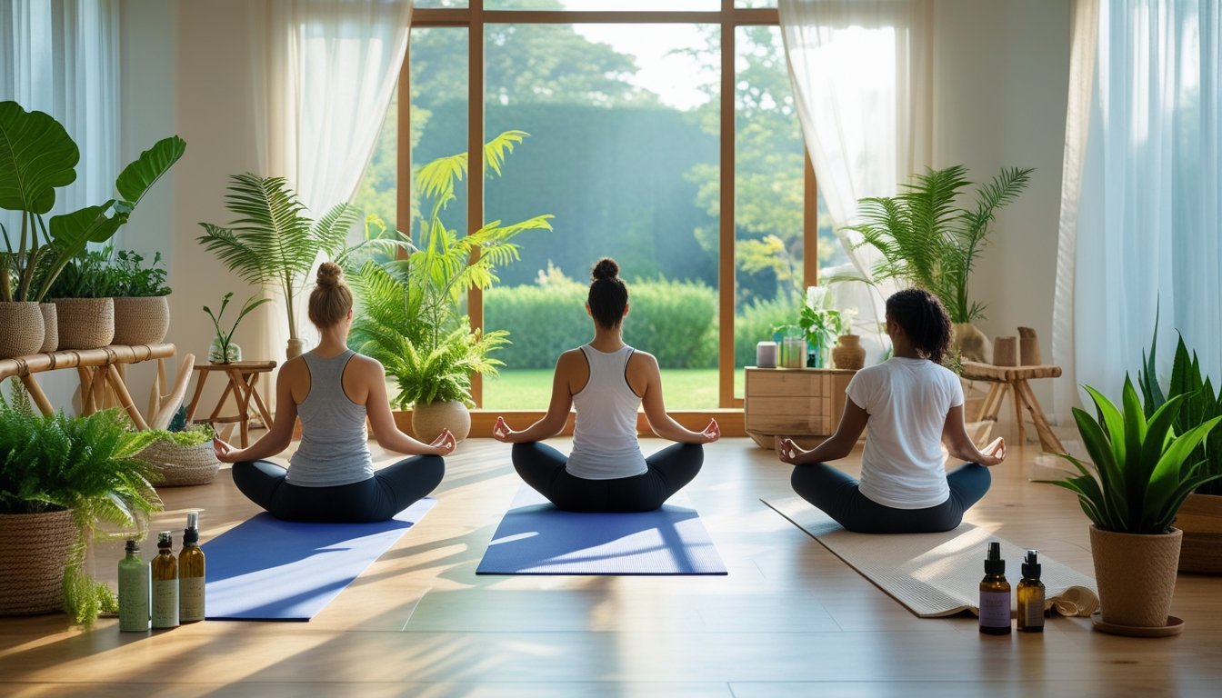 A group of people practising yoga and meditation in a bright room filled with plants and natural materials, overlooking a green garden.