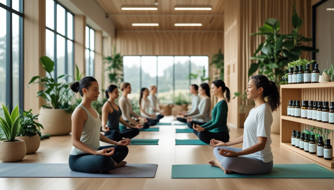 People practising yoga and meditation in a bright wellness centre with plants and natural materials around them.
