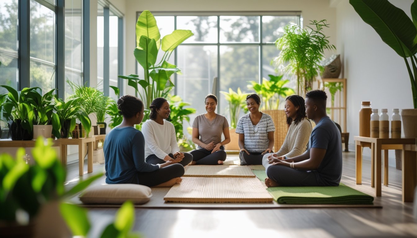 People in a bright wellness centre with plants and sustainable furniture engaged in a calm discussion about eco-friendly recovery methods.