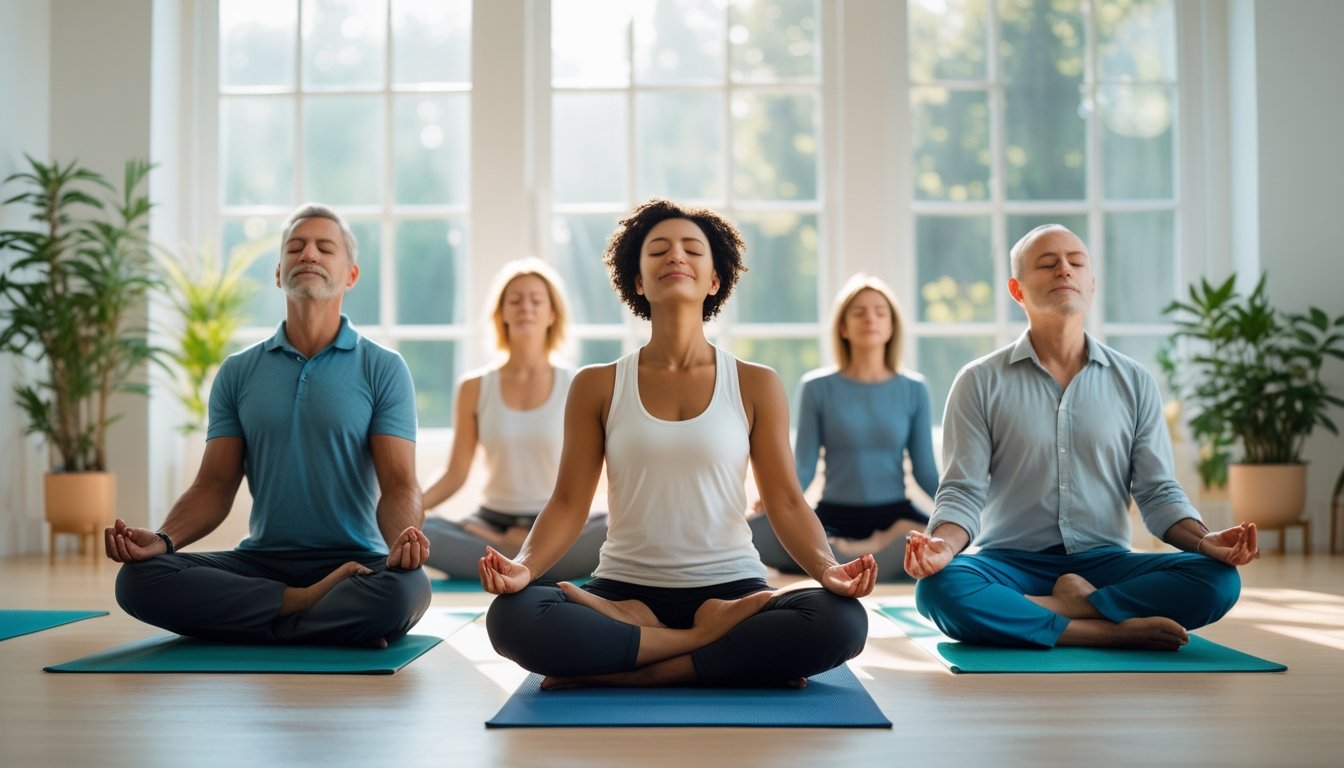 A group of adults meditating peacefully in a bright room with natural light and plants.