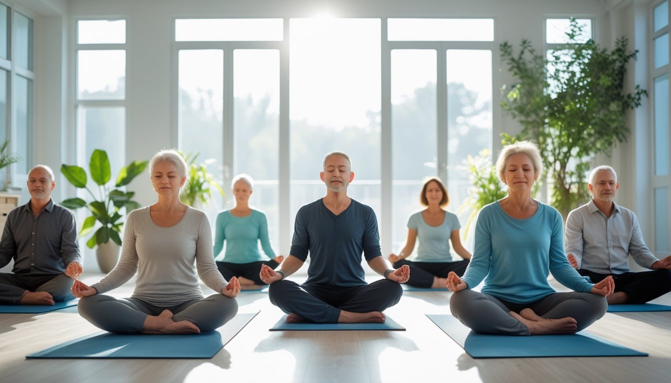 A group of adults meditating peacefully in a bright room with natural light and indoor plants.