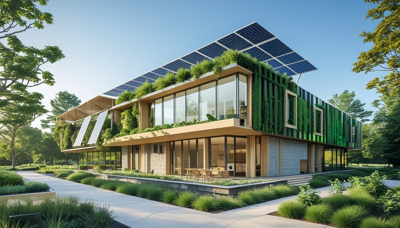 A modern sustainable building with glass windows, solar panels, and vertical gardens surrounded by greenery under a clear sky.