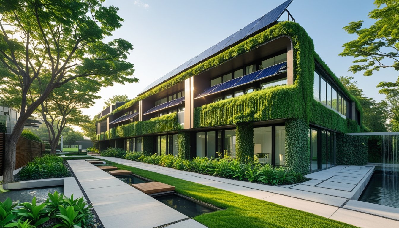 A modern eco-friendly house with solar panels, green walls, and surrounding trees on a sunny day.