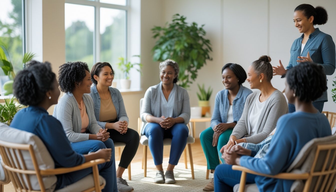 A diverse group of people sitting in a circle in a bright room, engaging in a supportive mental health discussion.