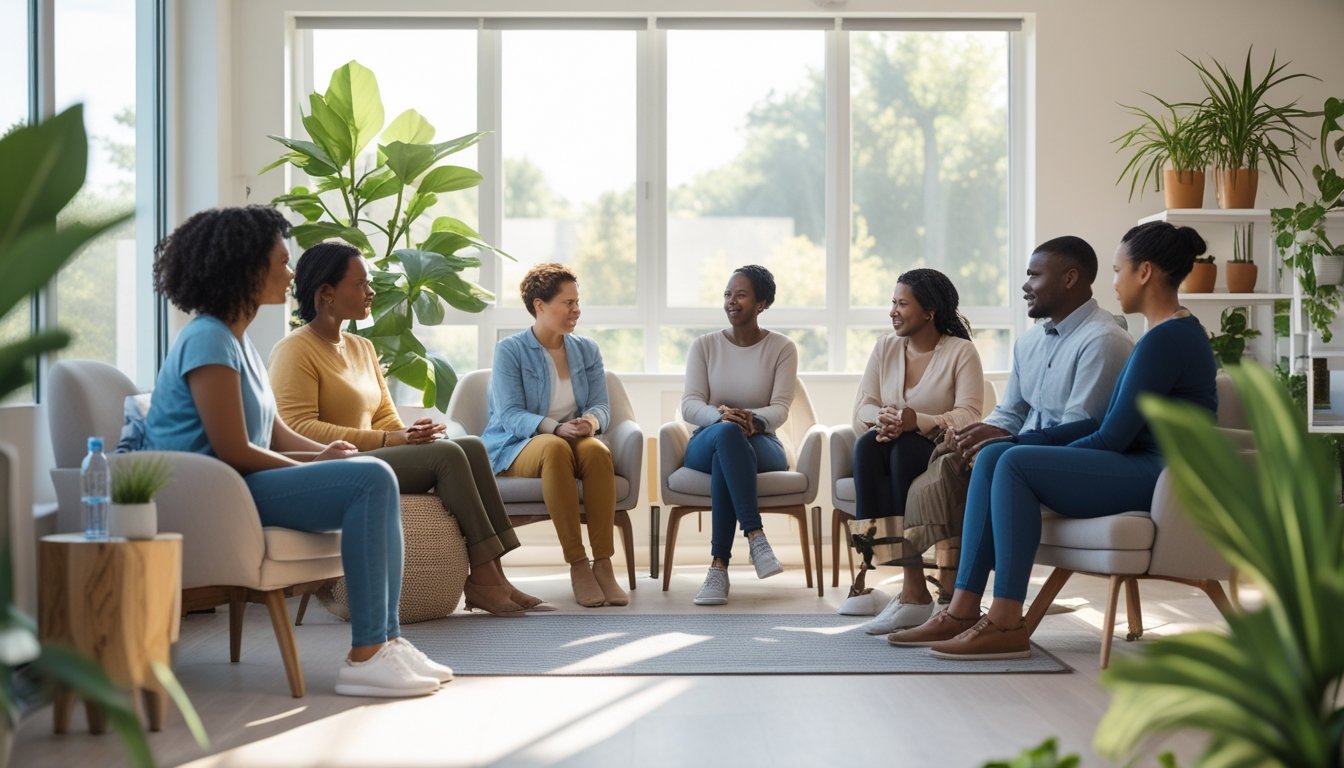 A group of people sitting together in a bright room, engaged in a supportive conversation surrounded by plants and natural light.