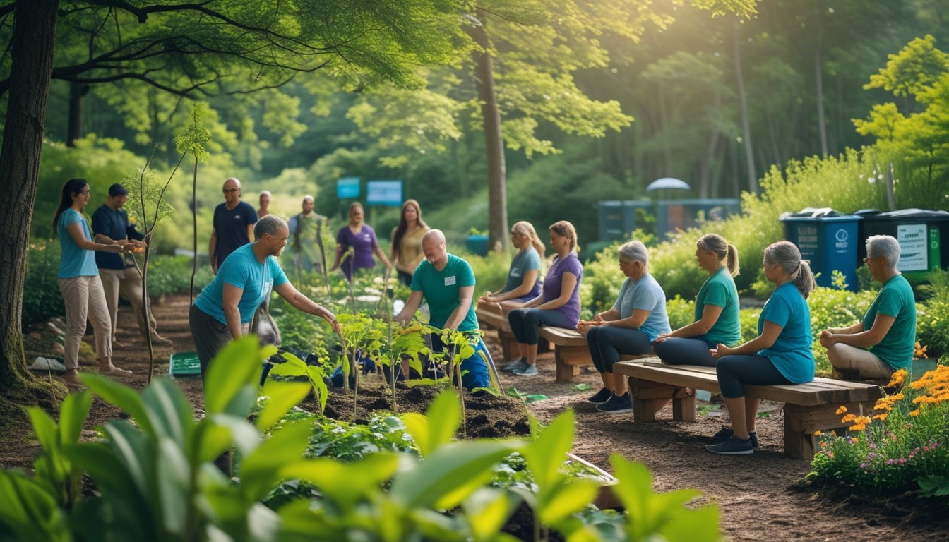 A group of people taking part in outdoor eco-therapy activities in a green forest, planting trees and meditating together.