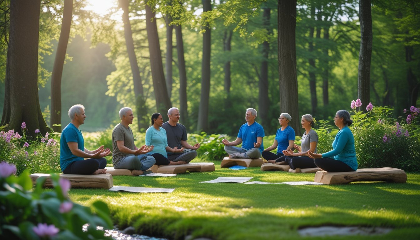 A group of people participating in a nature therapy session outdoors in a green forest, sitting quietly and engaging in mindful activities.