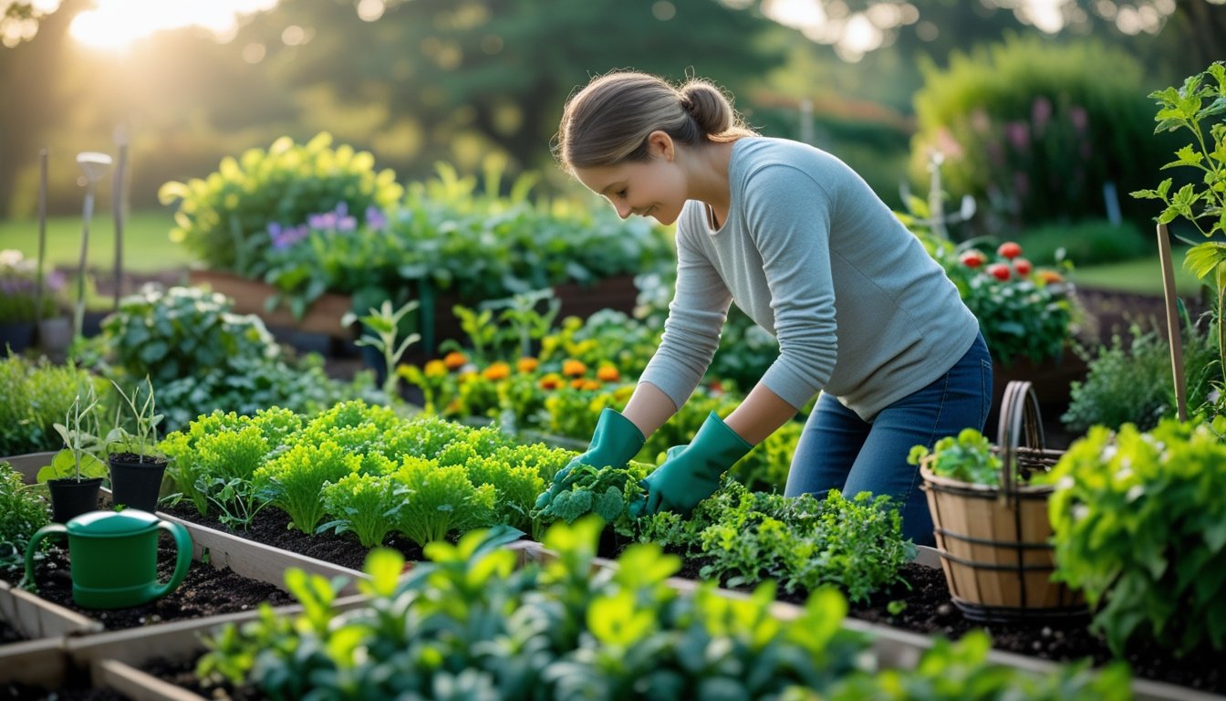 A person calmly gardening in a green garden with colourful flowers and vegetables, surrounded by gardening tools and natural sunlight.
