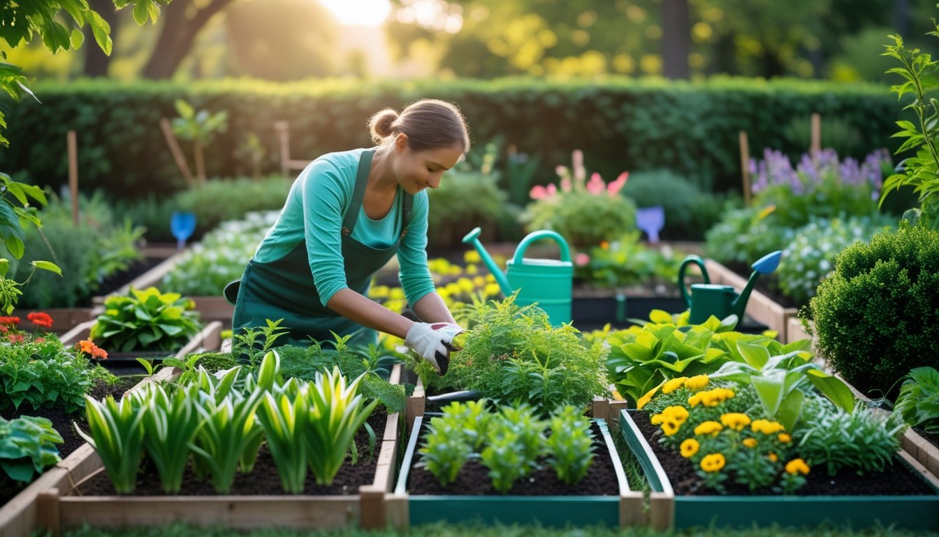 A person gently tending to plants in a peaceful garden surrounded by colourful flowers and greenery.