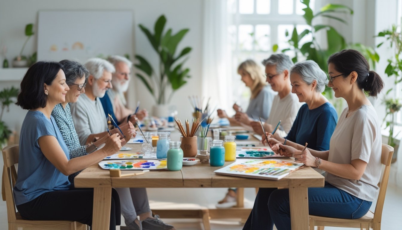 A group of adults calmly creating art together at a wooden table in a bright room with plants and natural light.