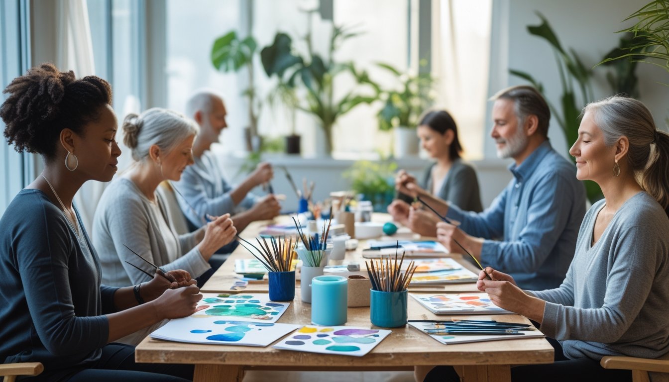 A group of adults sitting around a table creating art with paints and pencils in a bright, calm room.