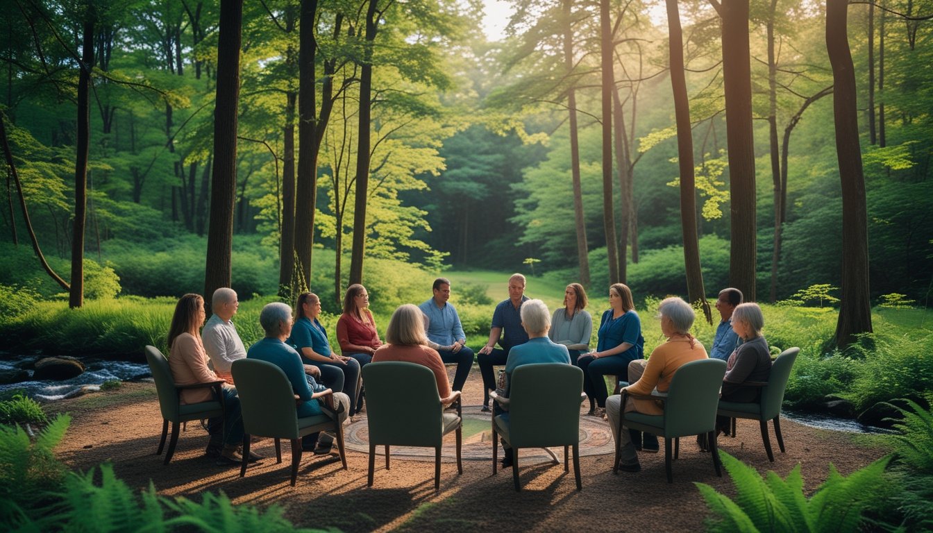 A group of adults sitting in a circle outdoors in a forest clearing, participating in a therapy session surrounded by trees and natural greenery.
