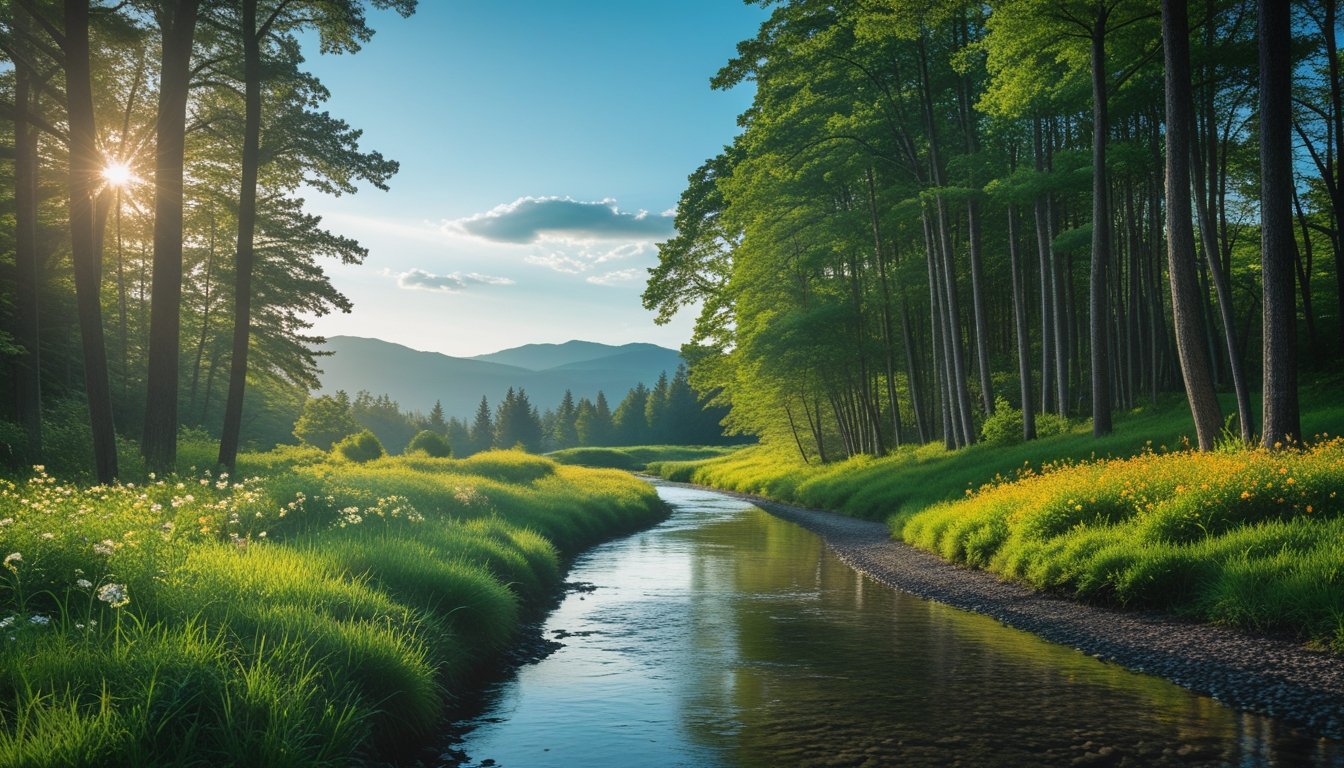 A peaceful forest path surrounded by green trees, wildflowers, and a flowing stream under a clear blue sky.