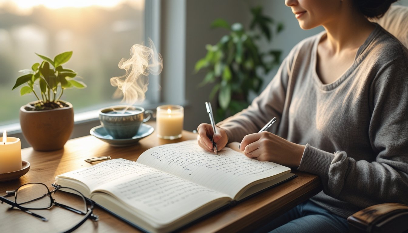 A person writing in a journal while sitting in a comfortable chair next to a sunlit desk with a notebook, pen, tea, and plants.