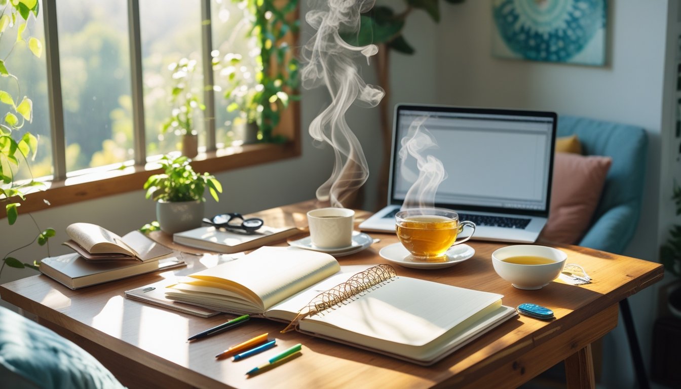 A bright workspace with a wooden desk holding notebooks, pens, a laptop, a cup of tea, and a small plant, creating a calm and inviting atmosphere.