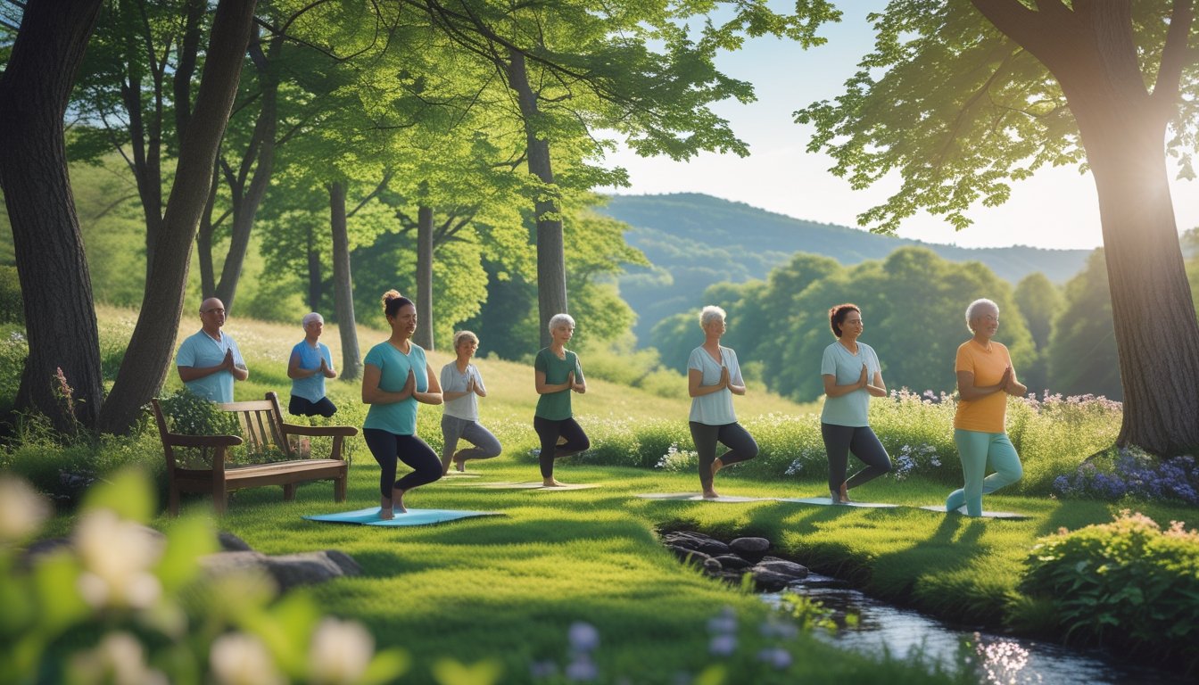 A group of adults practising yoga and meditation in a sunny forest clearing surrounded by trees, flowers, and a small stream.