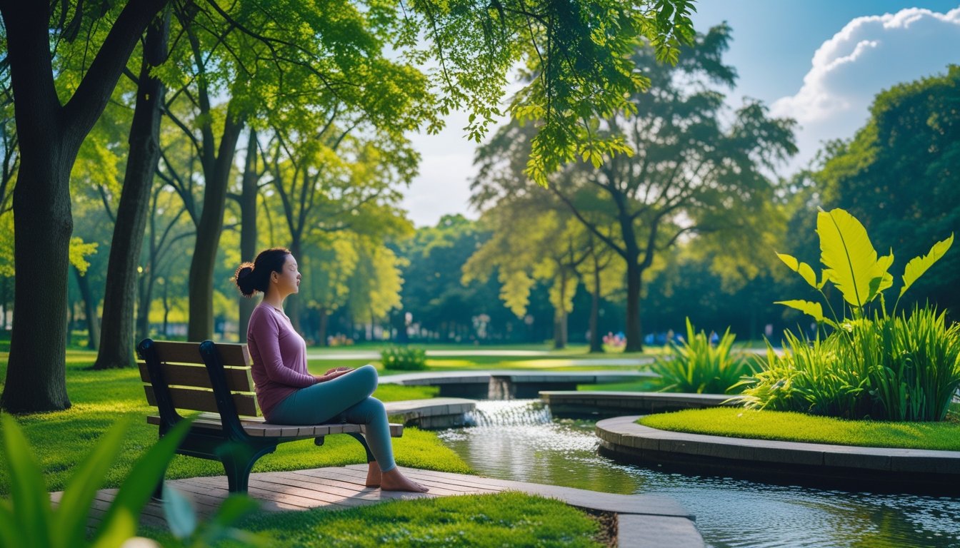 A person sitting calmly on a bench in a green park surrounded by trees and plants, with sunlight filtering through the leaves and a small water feature nearby.