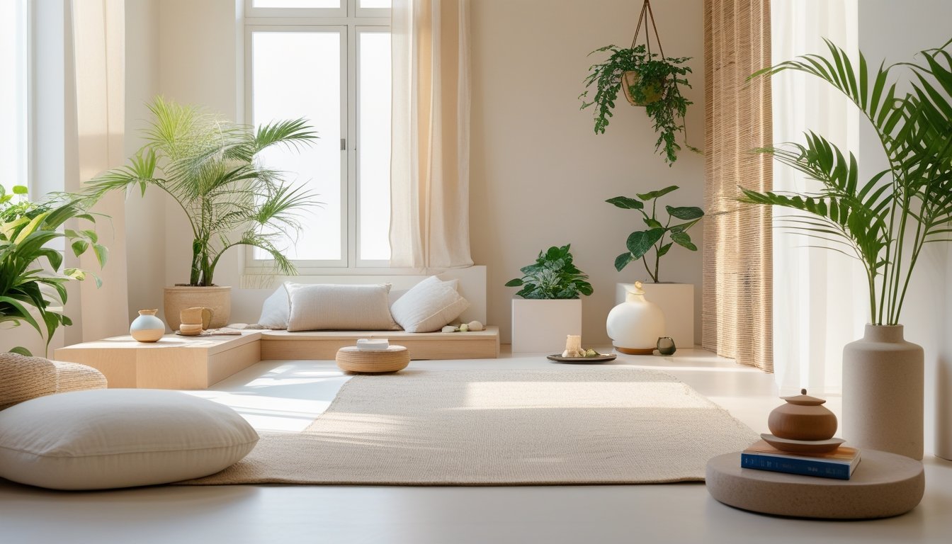 A bright, peaceful room with natural light, plants, comfortable seating, and calming decor designed for relaxation and mindfulness.