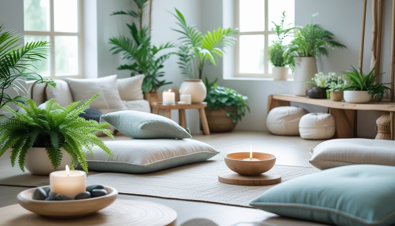 A peaceful indoor space with comfortable seating, green plants, natural light, and calming decor designed for relaxation and wellbeing.