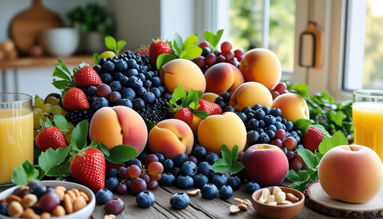 A colourful assortment of fresh seasonal fruits on a wooden table with a glass of juice and green herbs in a bright kitchen setting.
