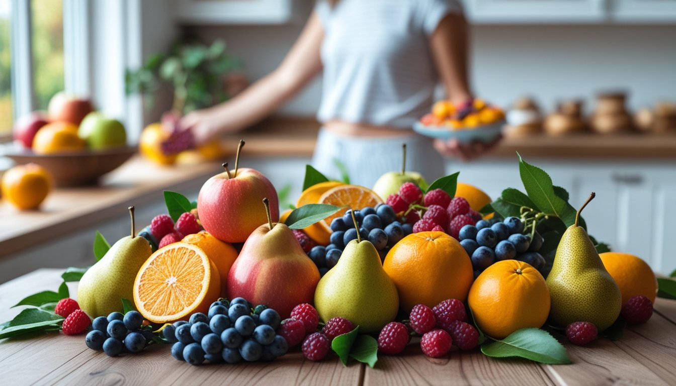 A variety of fresh seasonal fruits arranged on a wooden table in a bright kitchen with a person reaching for a fruit bowl in the background.