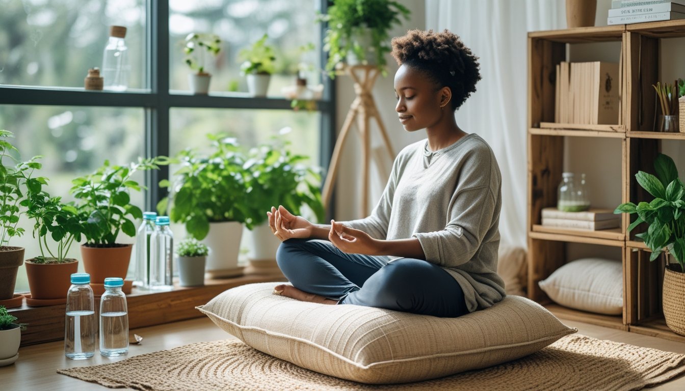 A person meditating indoors surrounded by plants and eco-friendly items near a bright window.