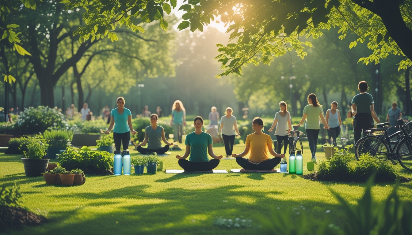 People enjoying outdoor activities like gardening and meditating in a green park surrounded by trees and plants.