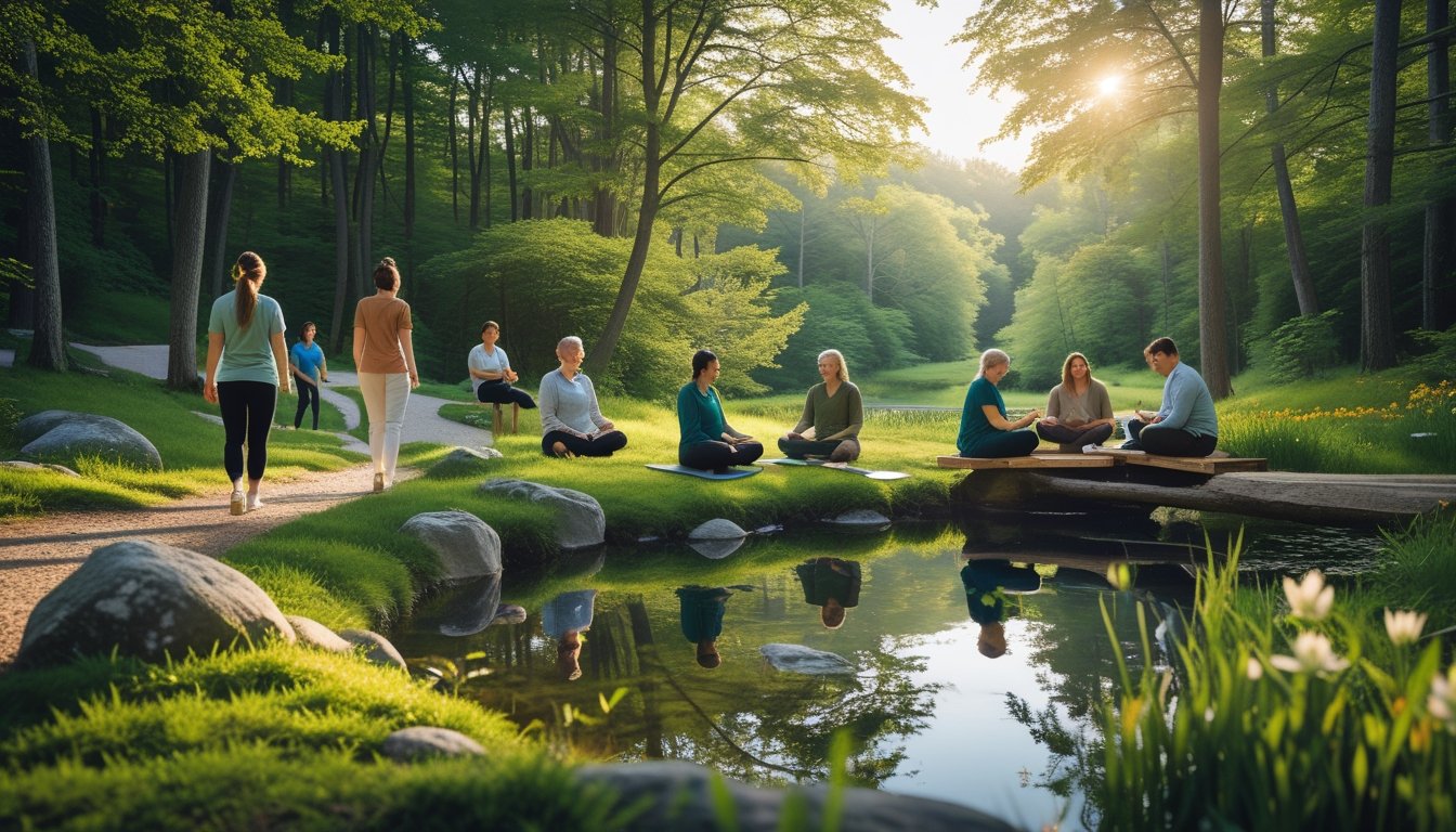 A group of people participating in calming activities like walking, meditating, and talking in a peaceful forest near a pond surrounded by trees and wildflowers.