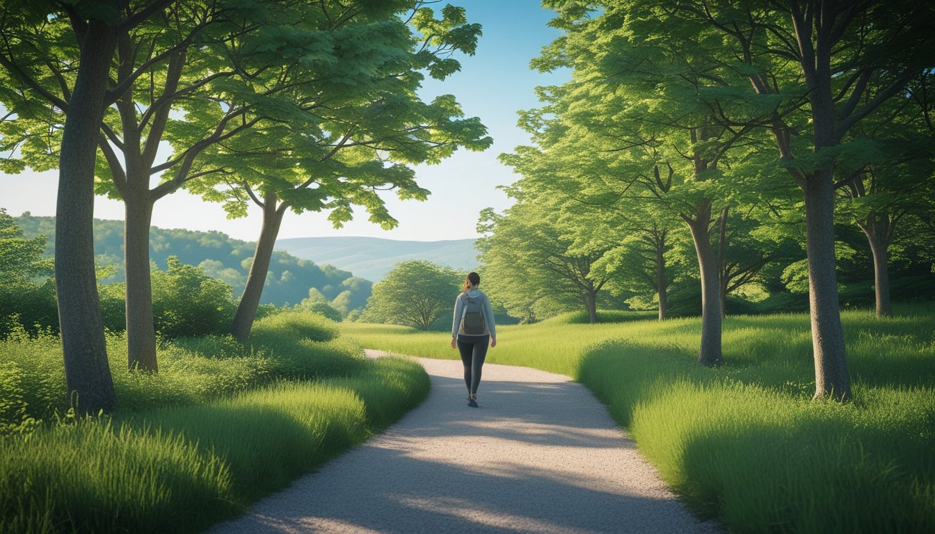 A person walking calmly along a forest path surrounded by green trees and sunlight filtering through the leaves.