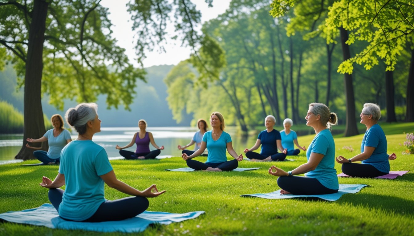 People practising relaxation and mindfulness exercises in a green park surrounded by trees and water.