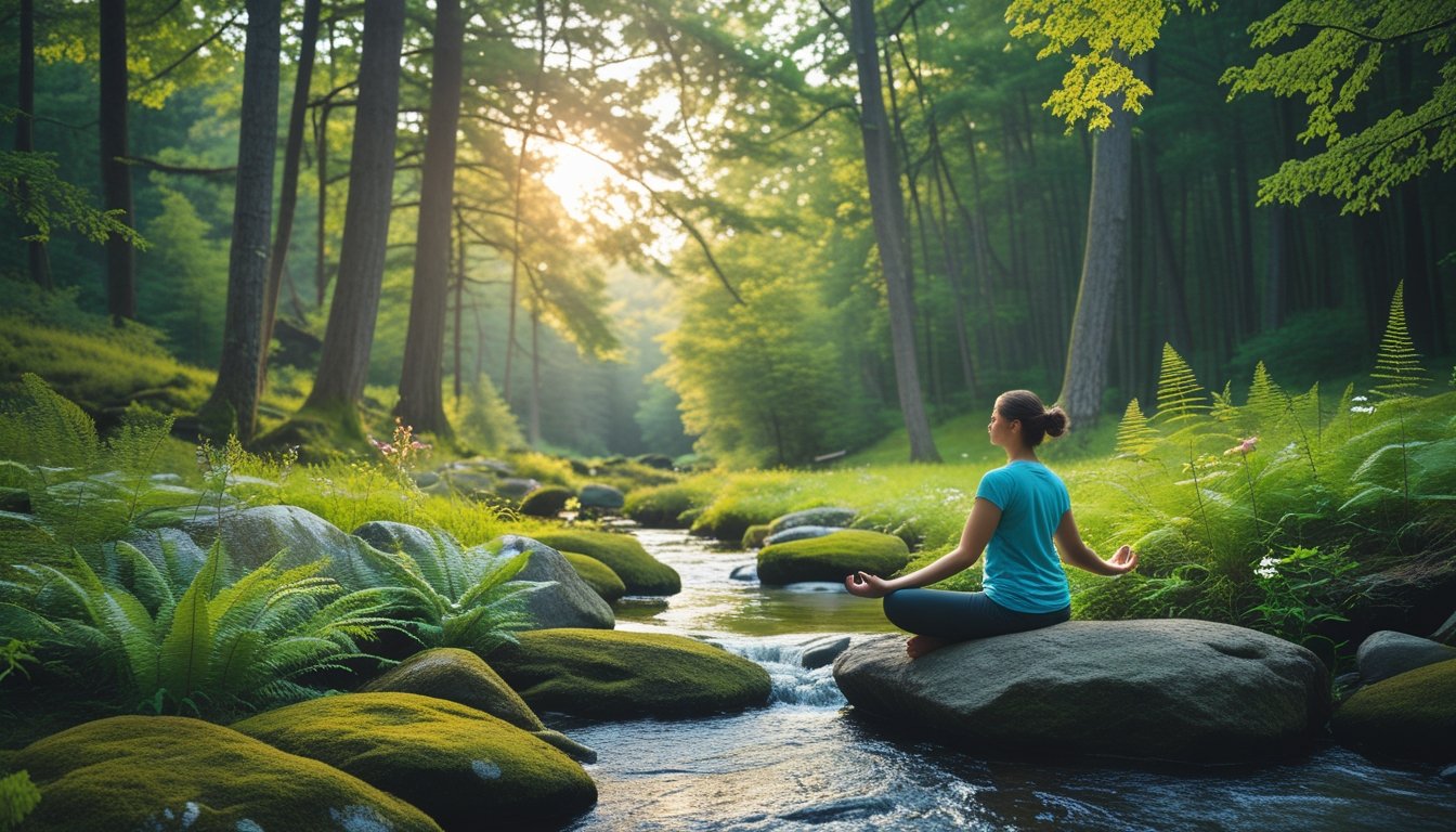 A person sitting peacefully by a stream in a green forest surrounded by trees and plants.